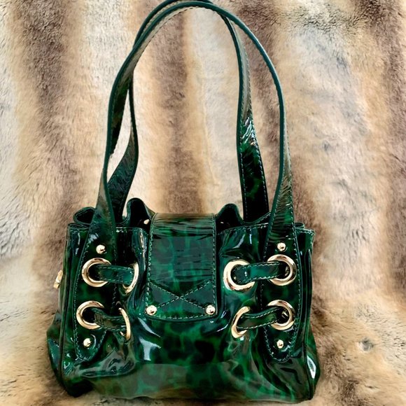 Jimmy Choo Green Black Leopard Print Patent Leather Roquette Bag - Picture 3 of 7